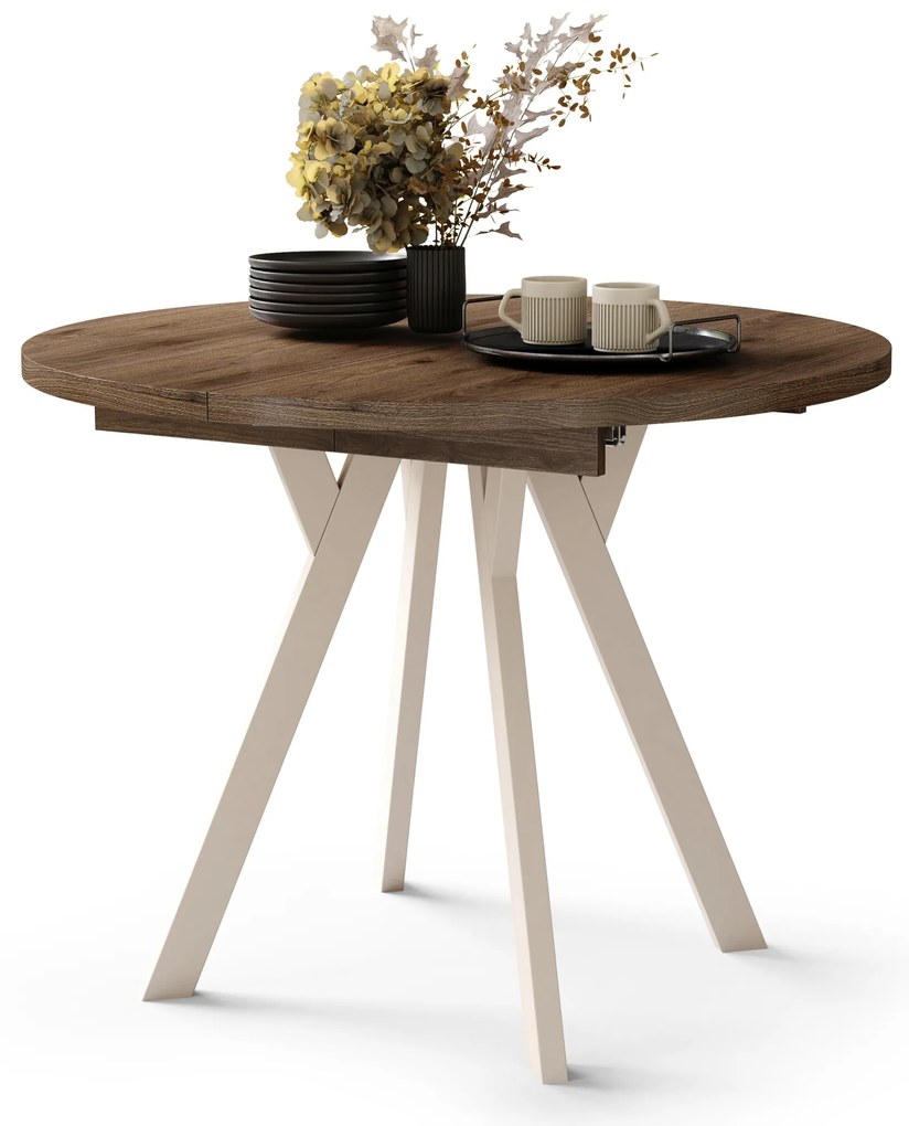 Mazzoni ALDO Nuc Elegant/picioare bej - MASĂ ROTUNDĂ EXTENSIBILĂ CU PICIOARE ÎN FORMĂ DE Y STIL LOFT PENTRU SALON/SUFRAGERIE