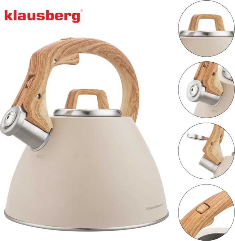 Klausberg KB 7954 Fierbător cu vârtej, 2,5 l, Oțel inoxidabil, Mâner izolat cu efect de lemn, Inducție, Bej/maro