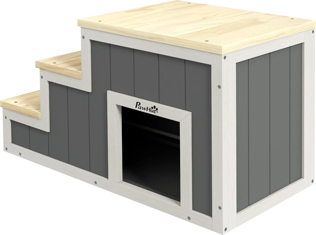 PawHut Scară pentru animale de companie Scară pentru câini, 3 trepte, lemn de pin, 79 cm x 38,5 cm x 45 cm, Natural + Alb | Aosom Romania