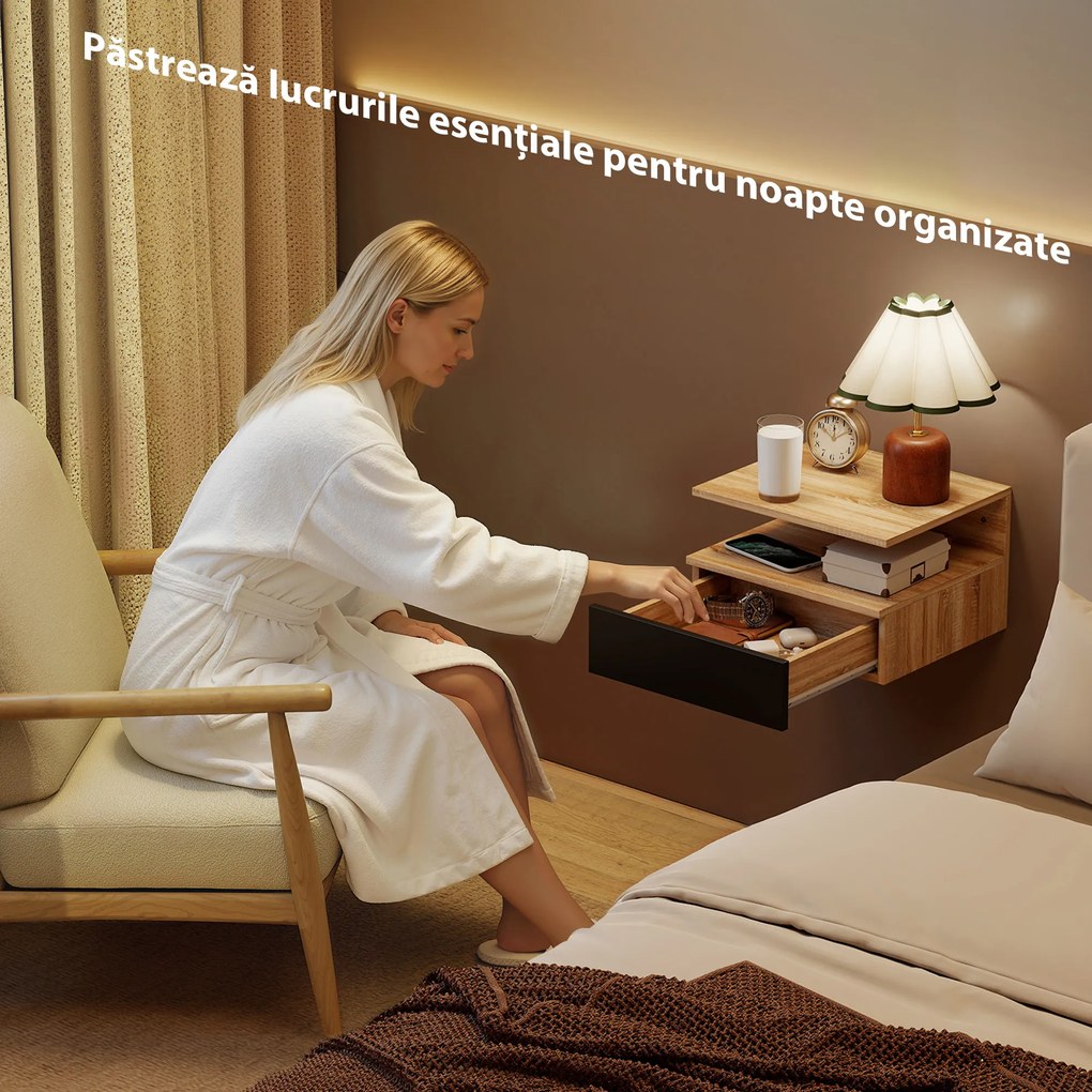 HOMCOM Set de 2 Noptiere Suspendate cu Sertar și Raft Deschis, 35x32x22.5 cm, Negru și Stejar | Aosom Romania