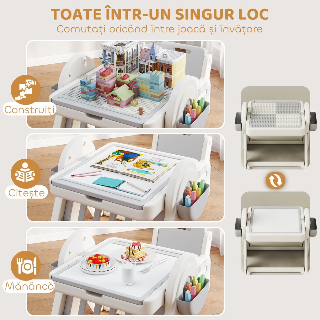 AIYAPLAY Set Masă și Scaun pentru Copii 3 în 1 cu Masă de Construcție, Tablă, Suport Convertibil și Containere, Masă Multiactivitate cu Scaun de Plastic pentru Copii 2-4 Ani pentru Cameră Copii | Aosom Romania