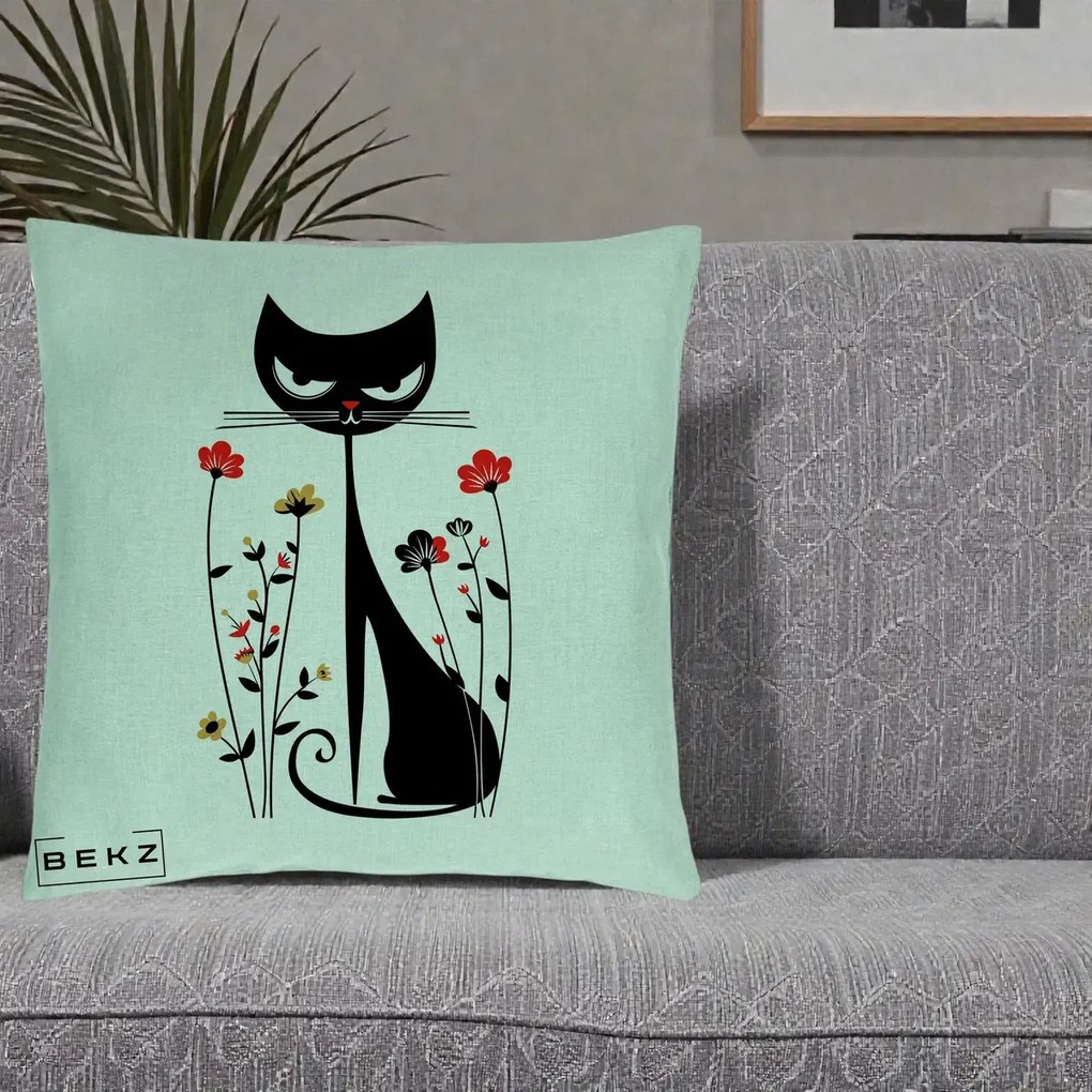 Perna Decorativa Pisica Neagra Grafica Flori Rosii, 40x40 cm, Verde Menta, Husa Detasabila, Perna Inclusa, BEKZ®
