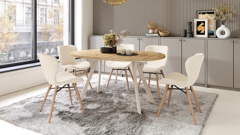 Mazzoni ALDO Stejar Artisan/picioare bej - MASĂ ROTUNDĂ STIL LOFT PENTRU SALON/SUFRAGERIE EXTENSIBILĂ CU PICIOARE ÎN FORMĂ DE "Y"