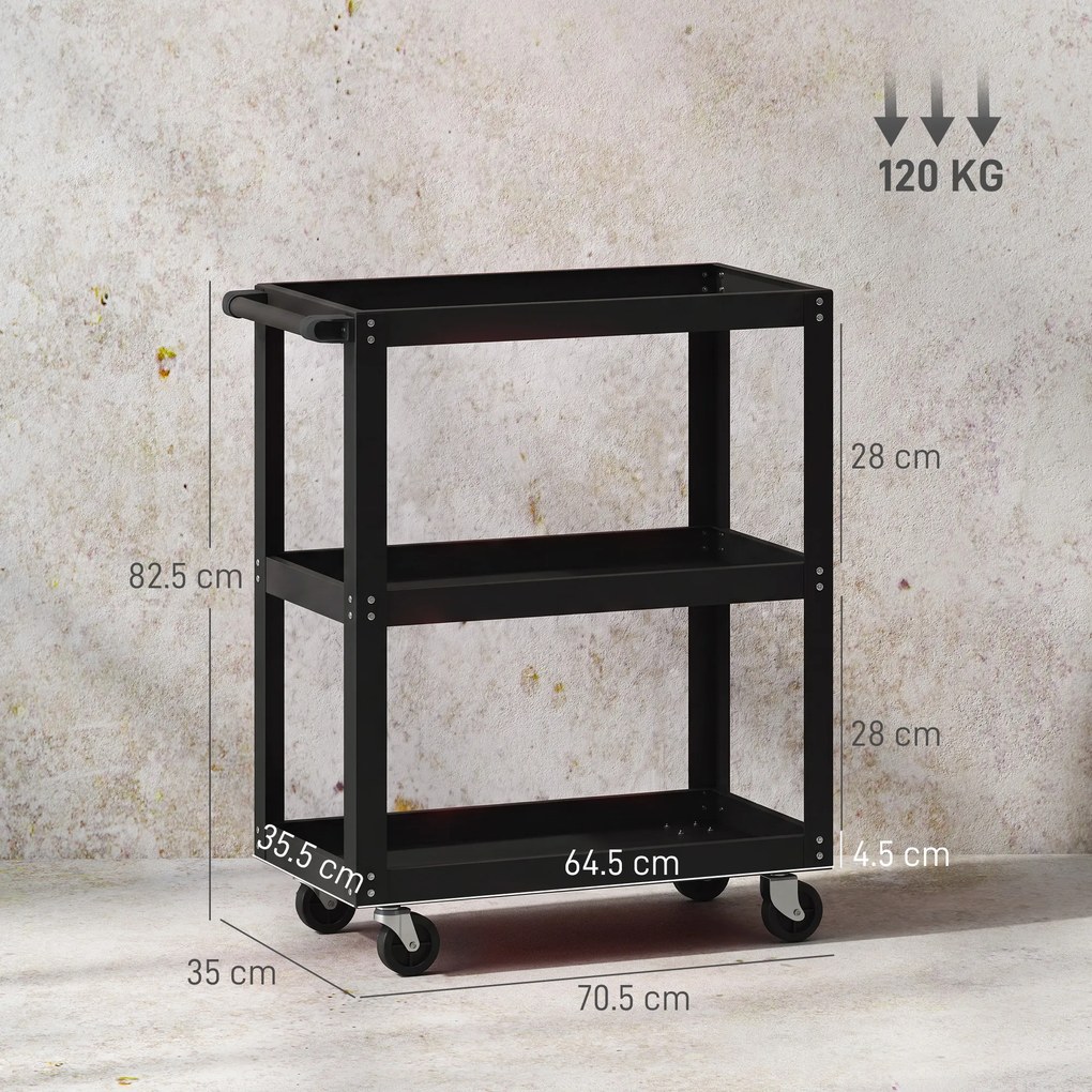 HOMCOM Cărucior pentru Scule cu 3 Rafturi cu Margini Înalte, 70,5x35x82,5 cm, Negru | Aosom Romania