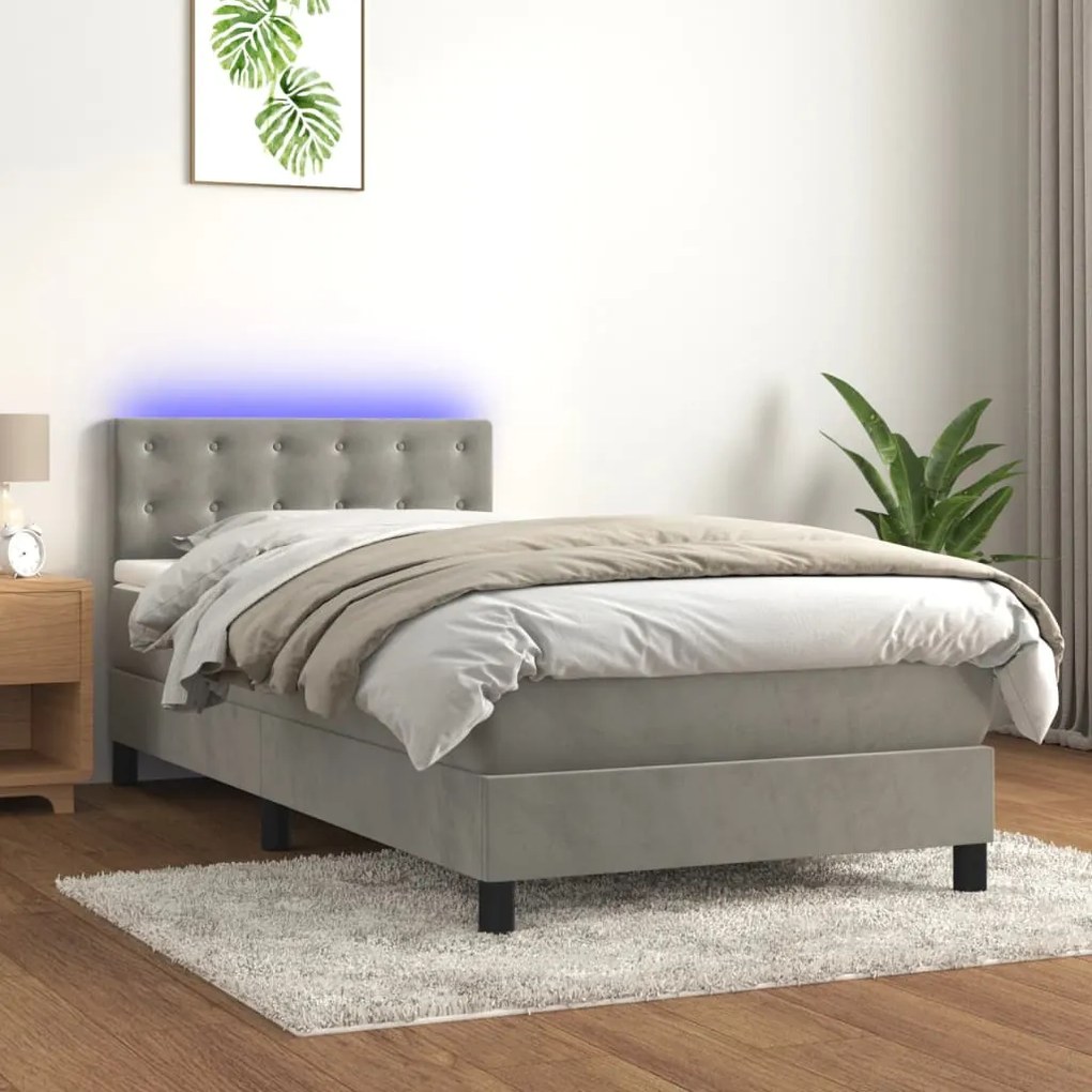 3134615 vidaXL Pat cu arcuri, saltea și LED, gri deschis, 90x190 cm, catifea