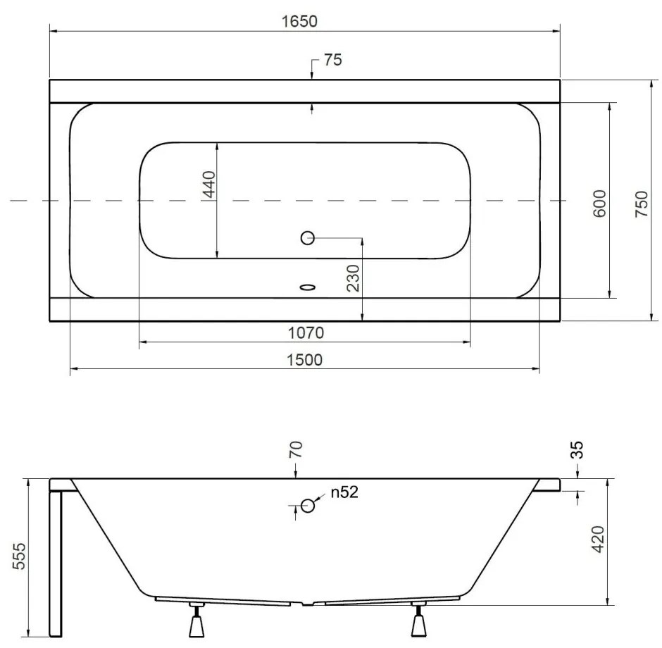 Cada baie dreptunghiulara, acril, 165 x 75 cm, Besco Quadro 1650x750 mm