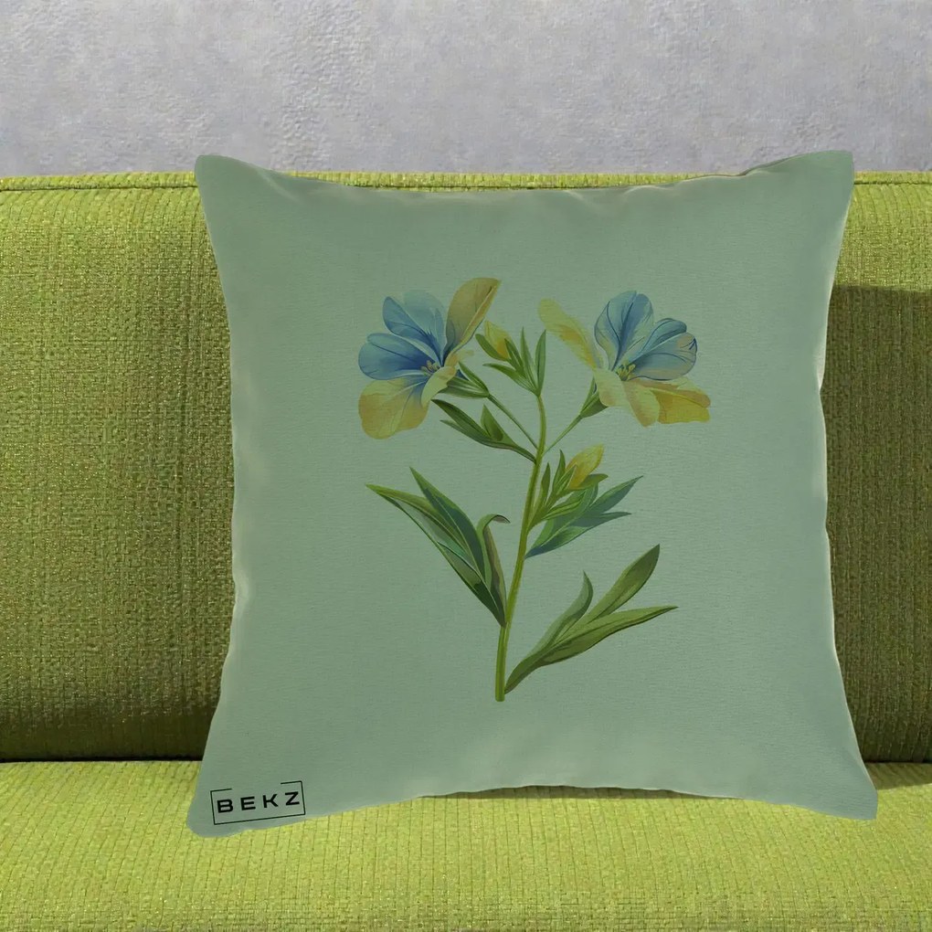 Perna Decorativa Botanica Frezie Galbena si Albastra, 40x40 cm, Verde, Husa Detasabila, Perna Inclusa, BEKZ®