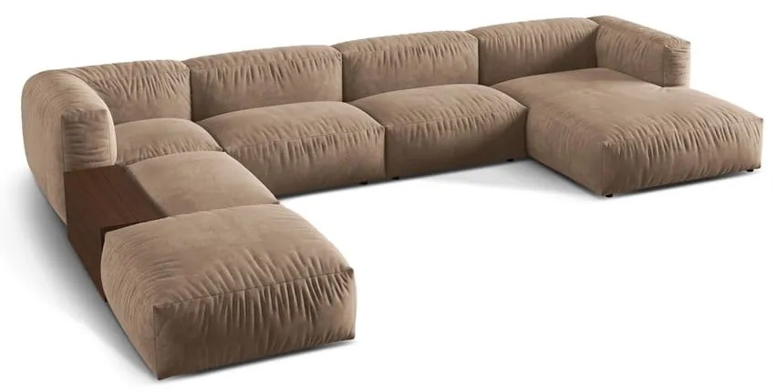 Colțar modular maro deschis cu tapițerie din catifea (cu colț pe partea stângă/în formă de "U") Martina – Micadoni