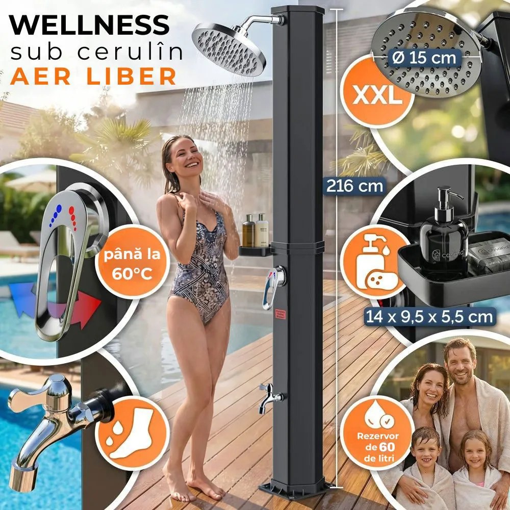 Duș solar cu capac HAVANA, 60 l, negru Casaria