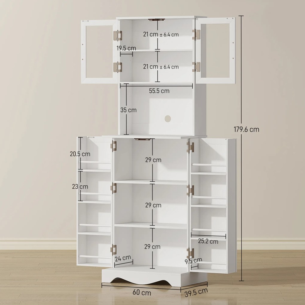 HOMCOM Mobilă de Depozitare pentru Bucătărie cu 2 Dulapuri și 8 Rafturi, din Lemn și Acrilic, 60x39.5x179.6 cm, Alb | Aosom Romania