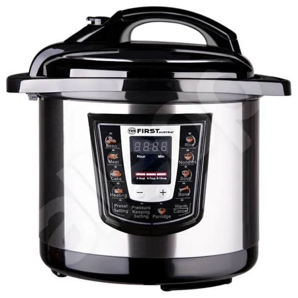 Multicooker cu gatire subpresiune First-Austria FA-5130, 12 programe, 6 l, 1000W, Timer, Start amanat, Accesorii, Negru/Inox