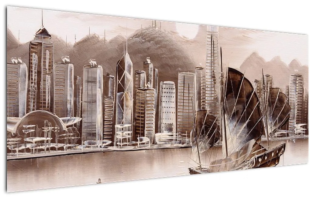 Tablou - Victoria Harbour, Hong Kong, efect sepia (120x50 cm)