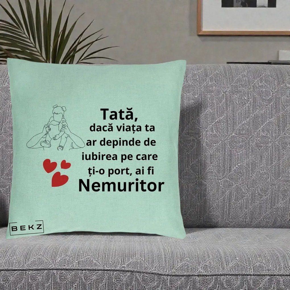 Cadou pentru Tata - Perna Personalizata Tata Nemuritor Mesaj, 40x40 cm, Verde Menta, Husa Detasabila, Perna Inclusa, BEKZ®