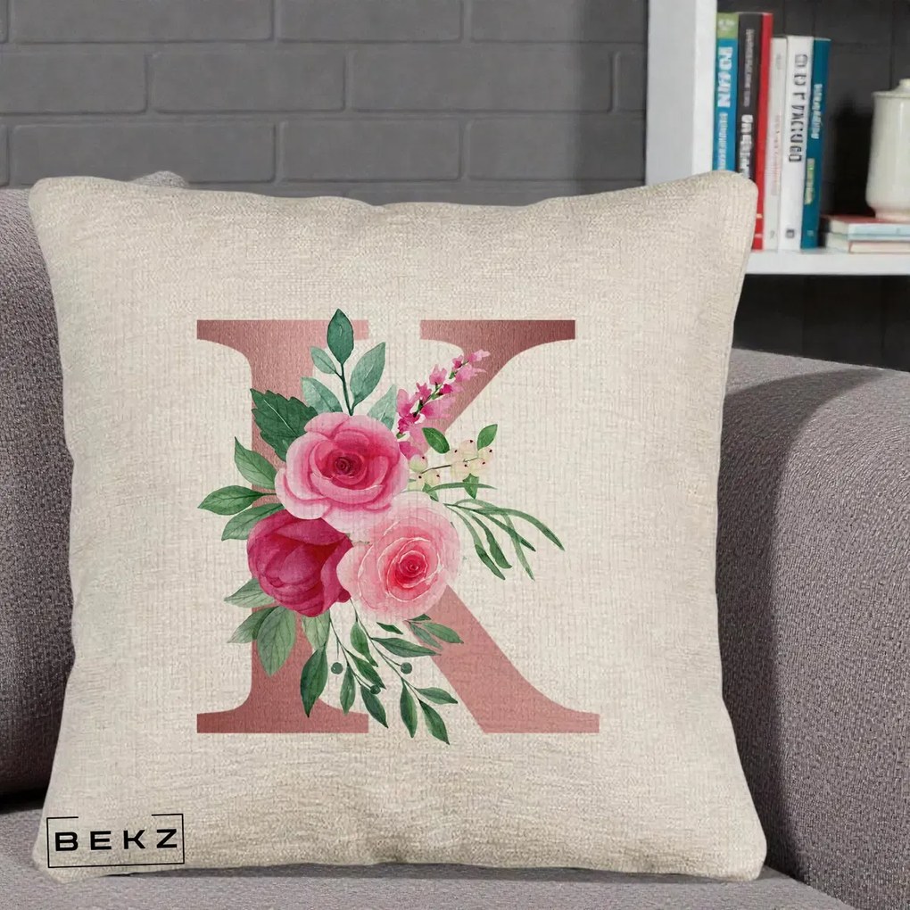 Cadou Personalizat - Perna Personalizata Monograma Rose Gold Litera K, 40x40 cm, Bej Canapea, Husa Detasabila, Perna Inclusa, BEKZ®
