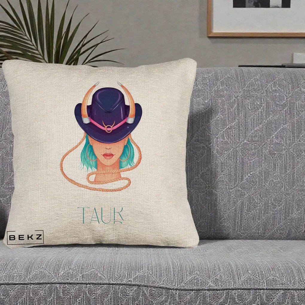Perna Personalizata Zodie Taur, 40x40 cm, Bej Canapea, Husa Detasabila, Perna Inclusa, BEKZ®