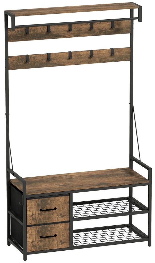 HOMCOM Suport pentru haine 6-în-1 cu raft pentru pantofi, stil industrial, 10 cârlige, 2 sertare textile, metal, maro | Aosom Romania