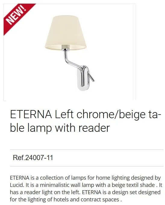 Aplica cu reader LED pe stanga design elegant ETERNA crom/bej