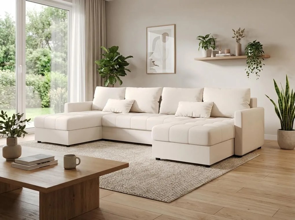 Coltar extensibil in forma de U VENORIA, crem, 285x146 cm + 2 perne GRATUIT
