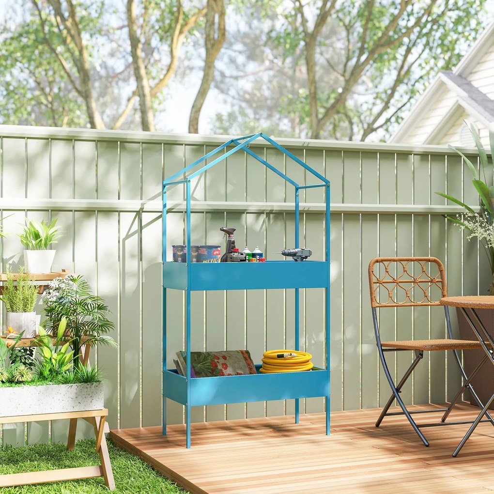 Outsunny Suport Ghivece pe 2 Niveluri din Metal în Formă de Casă, Raft pentru Plante cu Cârlig pentru Interior și Exterior, 75x35x150 cm, Verde Albastru | Aosom Romania
