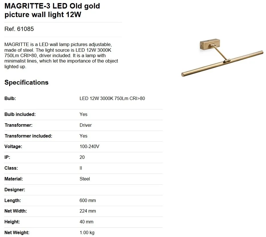 Aplica LED pentru oglinda tablou MAGRITTE-3 LED Old gold 61085