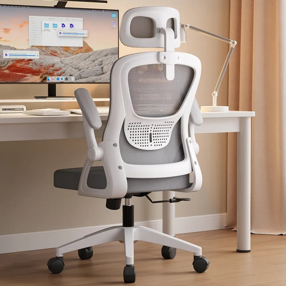 Scaun ergonomic, reglaje multiple, suport lombar, tetieră ajustabilă, Alb/Gri