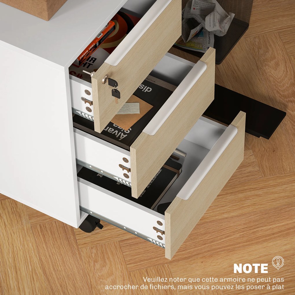 HOMCOM Căsuț de birou pe roți cu 3 sertare și lacăt, mobilier depozitare birou pe roți, 40 x 40 x 63,5 cm, stejar | Aosom Romania