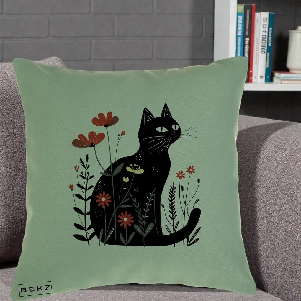 Perna Decorativa Pisica Neagra Flori Rosii Folk, 40x40 cm, Verde, Husa Detasabila, Perna Inclusa, BEKZ®