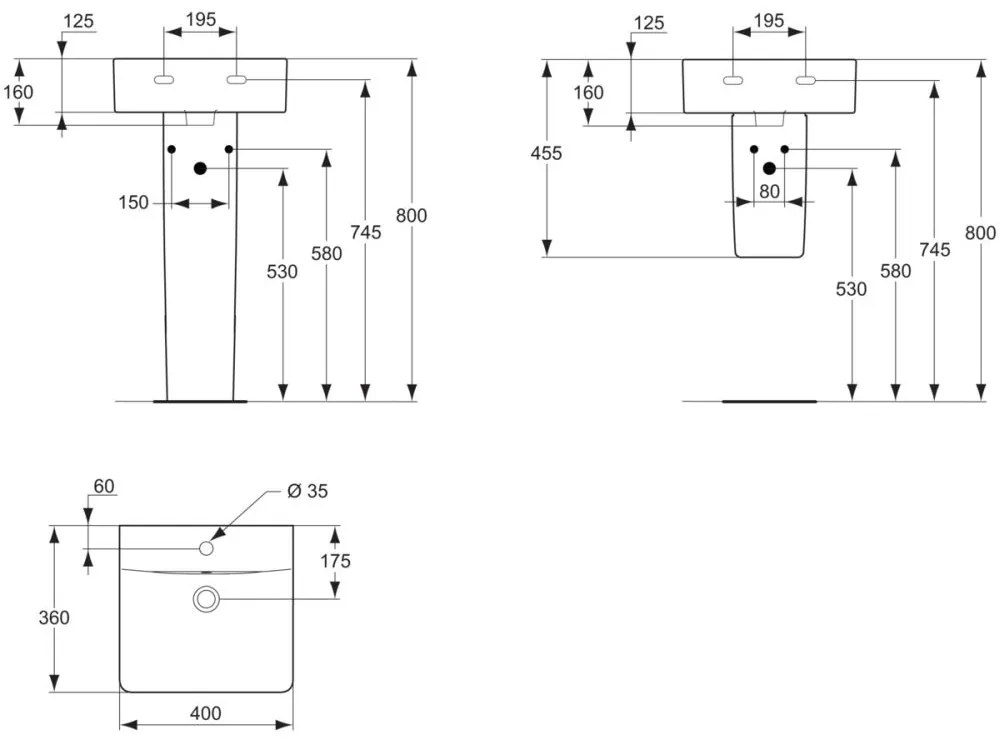 Lavoar suspendat alb 40 cm, dreptunghiular, orificiu baterie si preaplin, Ideal Standard Connect Cube 400x360 mm