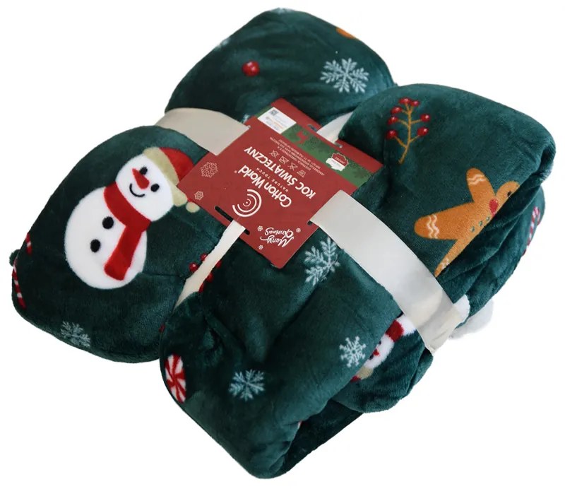 Patura miel din microplus de Craciun SNOWMAN AND GINGERBREAD, verde inchis Dimensiune: 200 x 220 cm