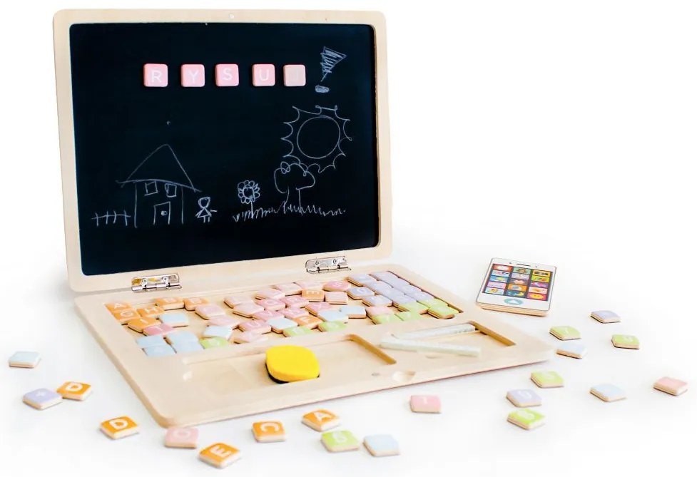 Laptop educațional magnetic din lemn cu telefon și litere