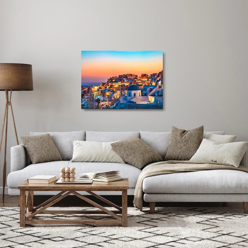 Tablou pe sticlă - Santorini în amurg (70x50 cm)