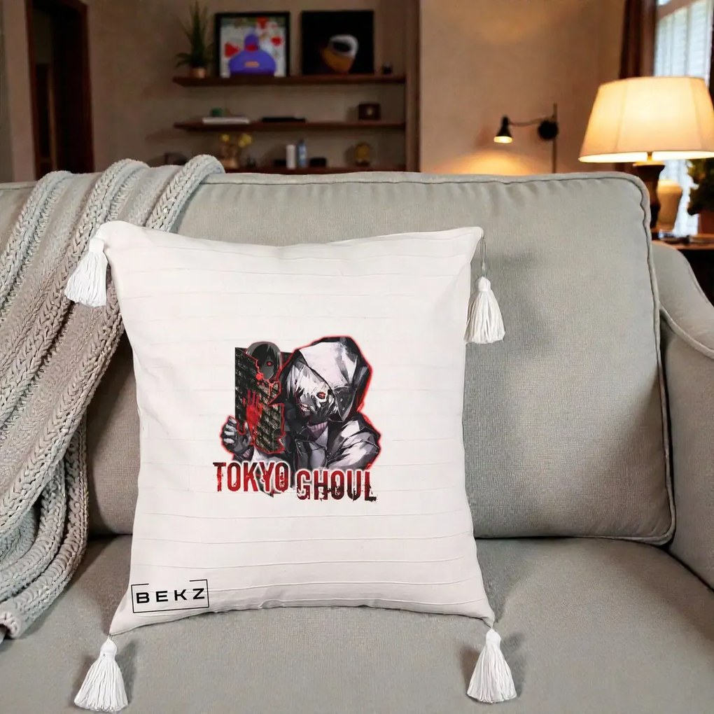 Perna Personalizata Tokyo Ghoul Ken Kaneki Anime, 40x40 cm, Bej cu Franjuri, Husa Detasabila, Perna Inclusa, BEKZ®