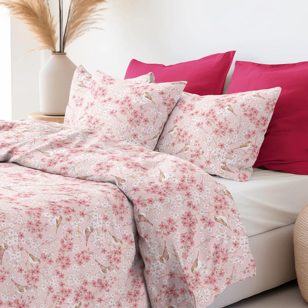 Goldea lenjerie de pat 100% bumbac - păsări în grădină roz 140 x 200 și 50 x 70 cm