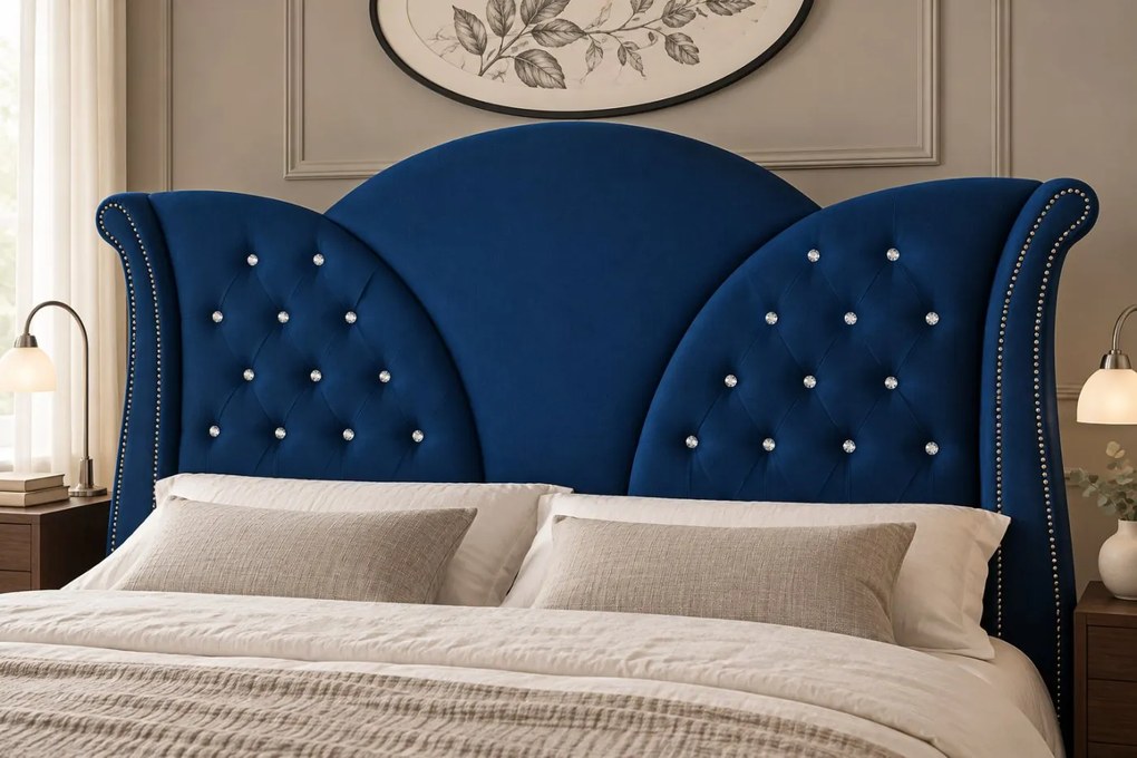 Pat tapițat Chesterfield din catifea Velora Deluxe 140×200 cm, bleumarin, cu ladă de depozitare