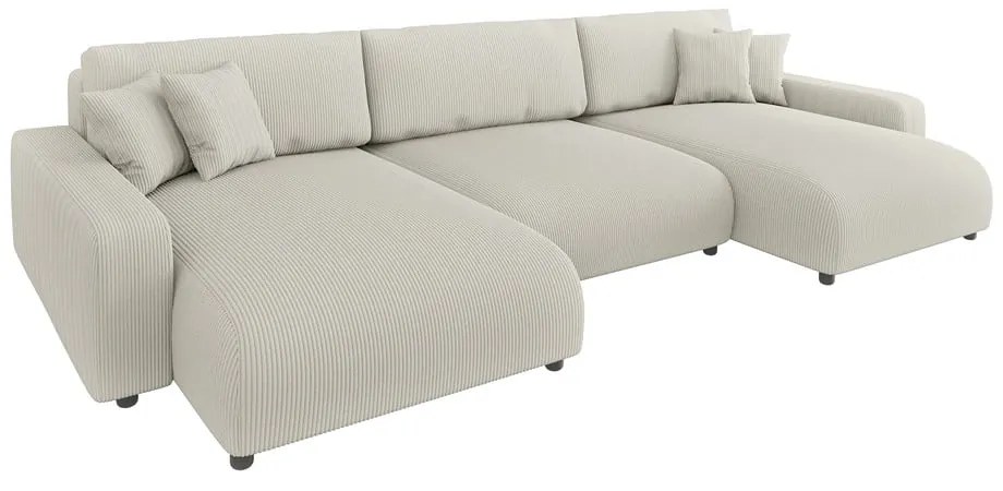 Colțar crem extensibil, cu spațiu de depozitare, cu tapițerie din catifea reiată Sara – Ropez