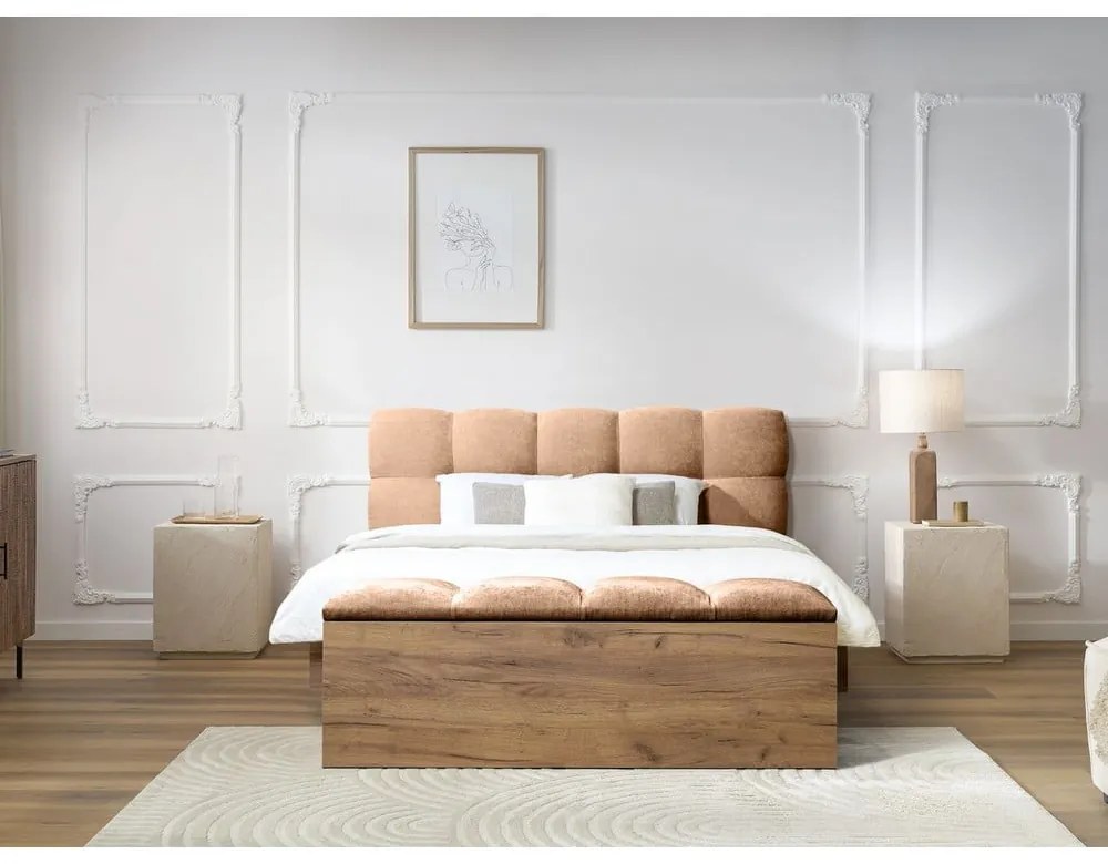 Pat matrimonial roz deschis tapițat cu somieră 160x200 cm Kumo – Bobochic Paris