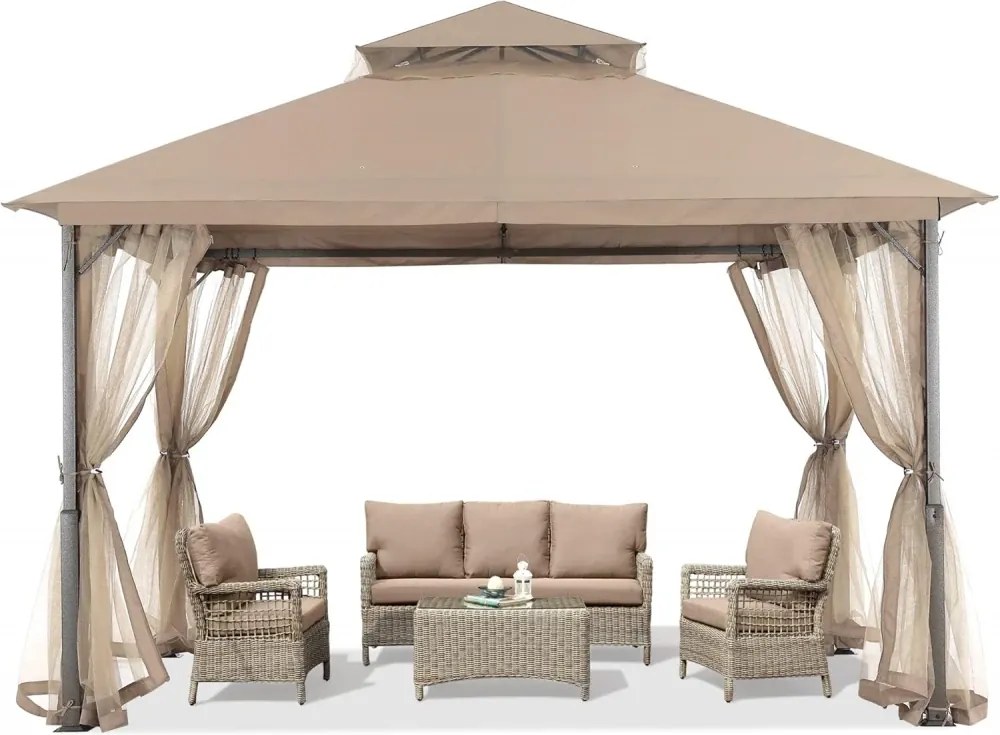 ABCCANOPY Foișor de gradina 3.3x3.9 m - Foișor exterior cu cadru din oțel și plasă de țânțari pentru gazon, curte, grădină, terasă, Kaki