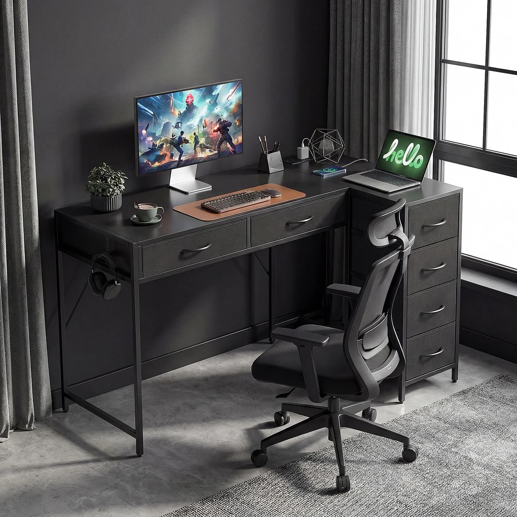 HOMCOM Birou de Colț Reversibil cu Prize și Porturi USB, 126x48 cm Birou în Formă de L cu 6 Sertare din Material Textil, Cârlig Lateral, pentru Computer, Birou, Cameră, Negru | Aosom Romania