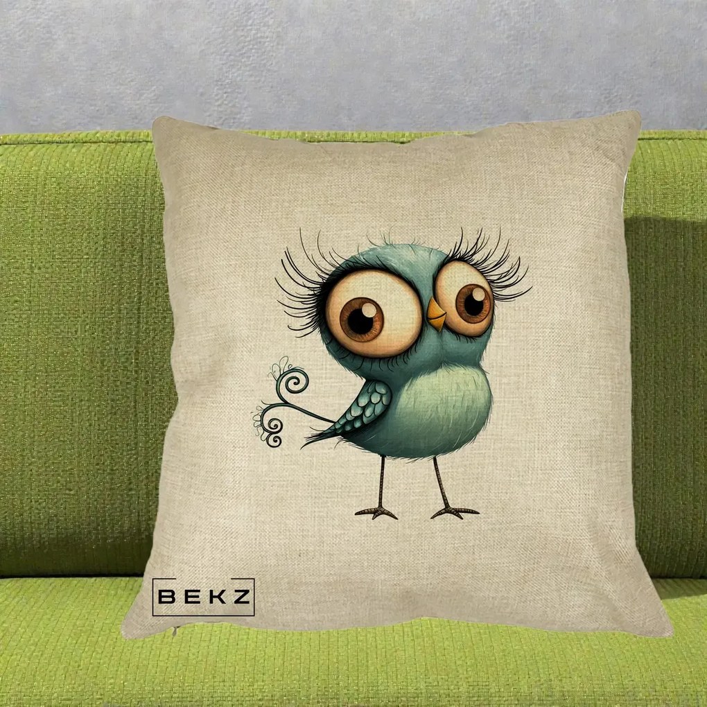 Perna Decorativa Pasare Teal cu Gene si Coada Spiralata, 40x40 cm, Crem, Husa Detasabila, Perna Inclusa, BEKZ®