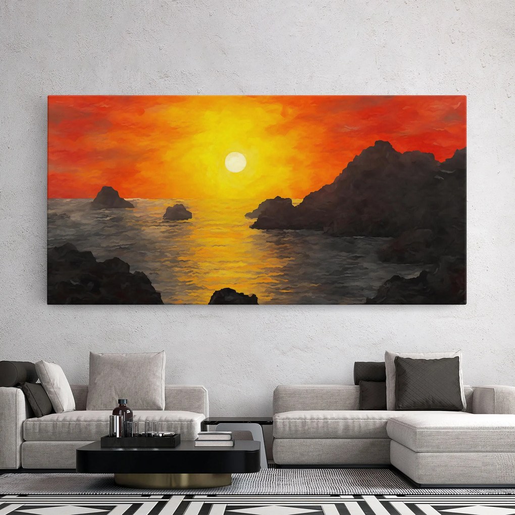 Tablou Canvas, 60x120cm, Dormitor si Living, Peisaje, Apus de soare, Mountains Rocks Painting