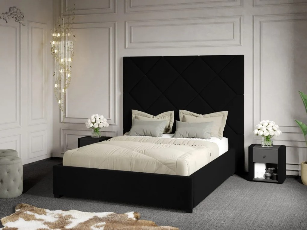 Pat Tapitat cu Panou 191x170 C2 Dubai cu somiera fixa Negru - Velluto 20 160x200