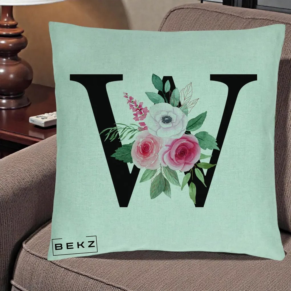 Cadou Personalizat - Perna Personalizata Monograma Florala Litera W cu Trandafiri si Anemona, 40x40 cm, Verde Menta, Husa Detasabila, Perna Inclusa, BEKZ®