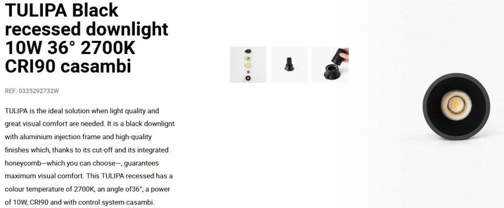 Spot LED incastrabil TULIPA Black recessed downlight 10W 36° 2700K CRI90 casambi