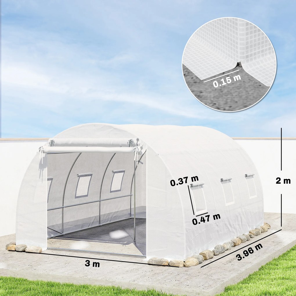 Outsunny Seră de Grădină Tip Tunel 4x3x2 m cu 2 Bare Detașabile, Uși Rulabile și Ferestre cu Plasă, Seră pentru Grădină de Legume și Flori, Structură din Oțel Zincat și Acoperire PE, Alb | Aosom Romania