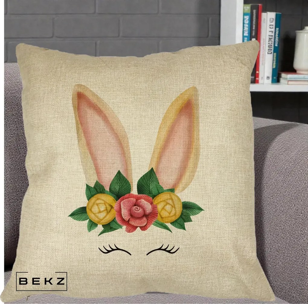 Perna Decorativa Iepuras Flori Urechi Pastelui, 40x40 cm, Crem, Husa Detasabila, Perna Inclusa, BEKZ®