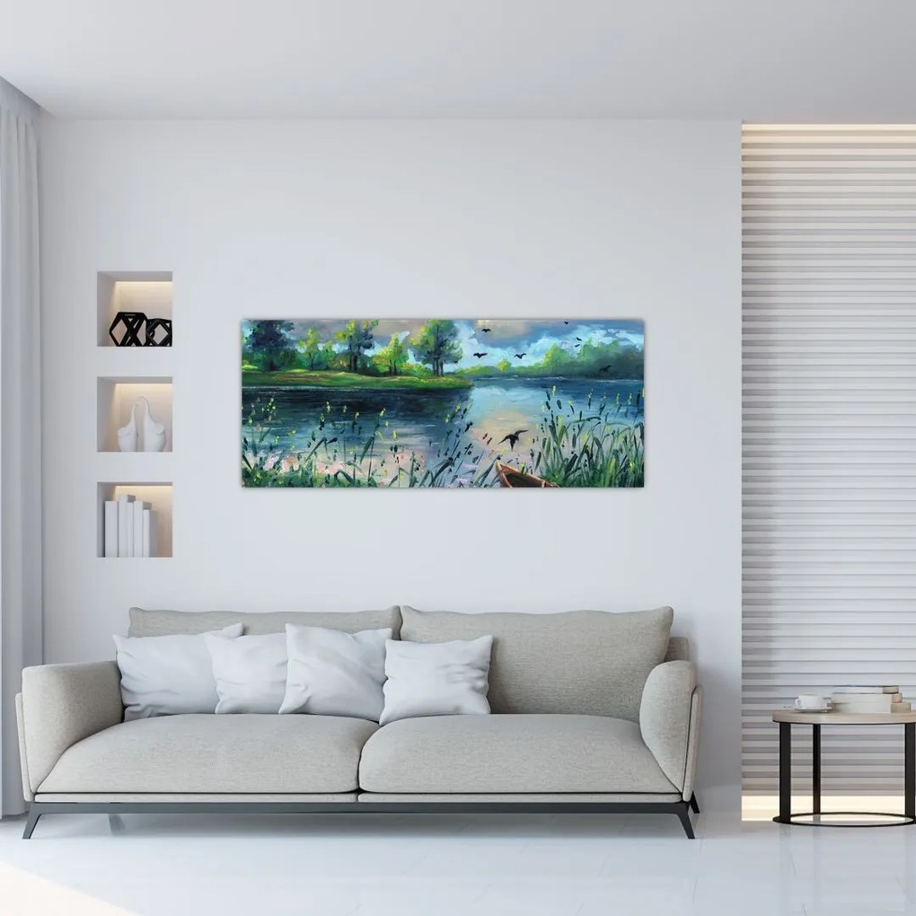 Tablou- Pictură în ulei, seară de vară lângă lac (120x50 cm)