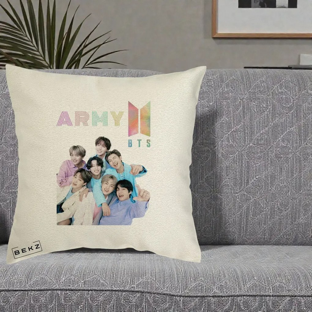 Perna Personalizata K-pop BTS ARMY Fotografie Grup Veseli, 40x40 cm, Ecru, Husa Detasabila, Perna Inclusa, BEKZ®