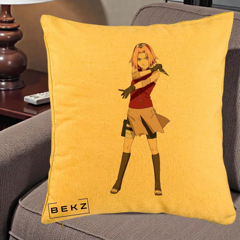 Perna Personalizata Naruto Sakura Haruno Portret, 40x40 cm, Galben, Husa Detasabila, Perna Inclusa, BEKZ®