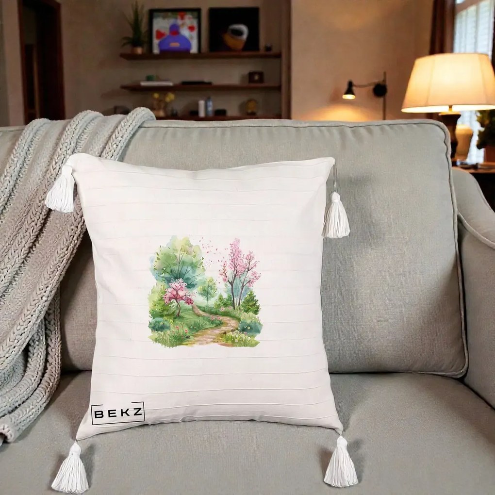 Perna Decorativa Gradina Primavara Acuarela, 40x40 cm, Bej cu Franjuri, Husa Detasabila, Perna Inclusa, BEKZ®