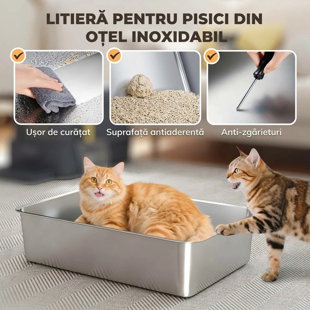 PawHut Litieră Închisă de 80L pentru Pisici cu Tavă Detașabilă, în ABS și Oțel Inoxidabil, 63x43x43 cm, Gri Închis | Aosom Romania